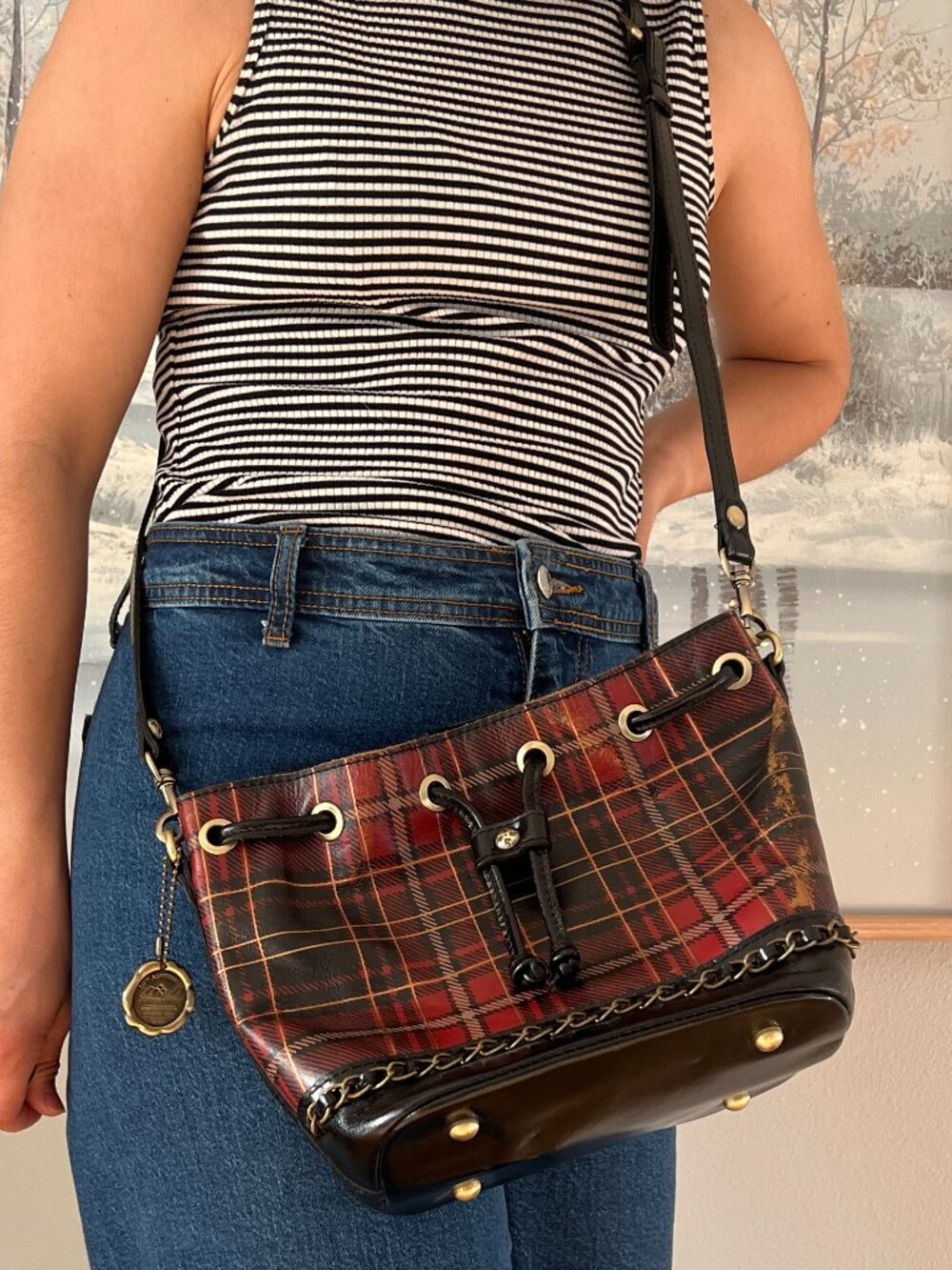 Patricia‎ Nash Red Black Tartan Plaid Civetta Bucket Crossbody Shoulder Bag - Picture 2 of 13